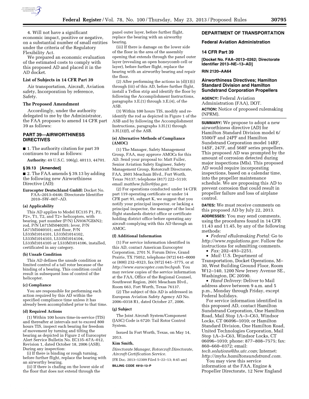 Federal Register/Vol. 78, No. 100/Thursday, May 23, 2013