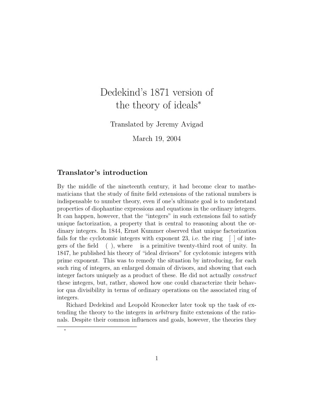 Dedekind's 1871 Version of the Theory of Ideals∗