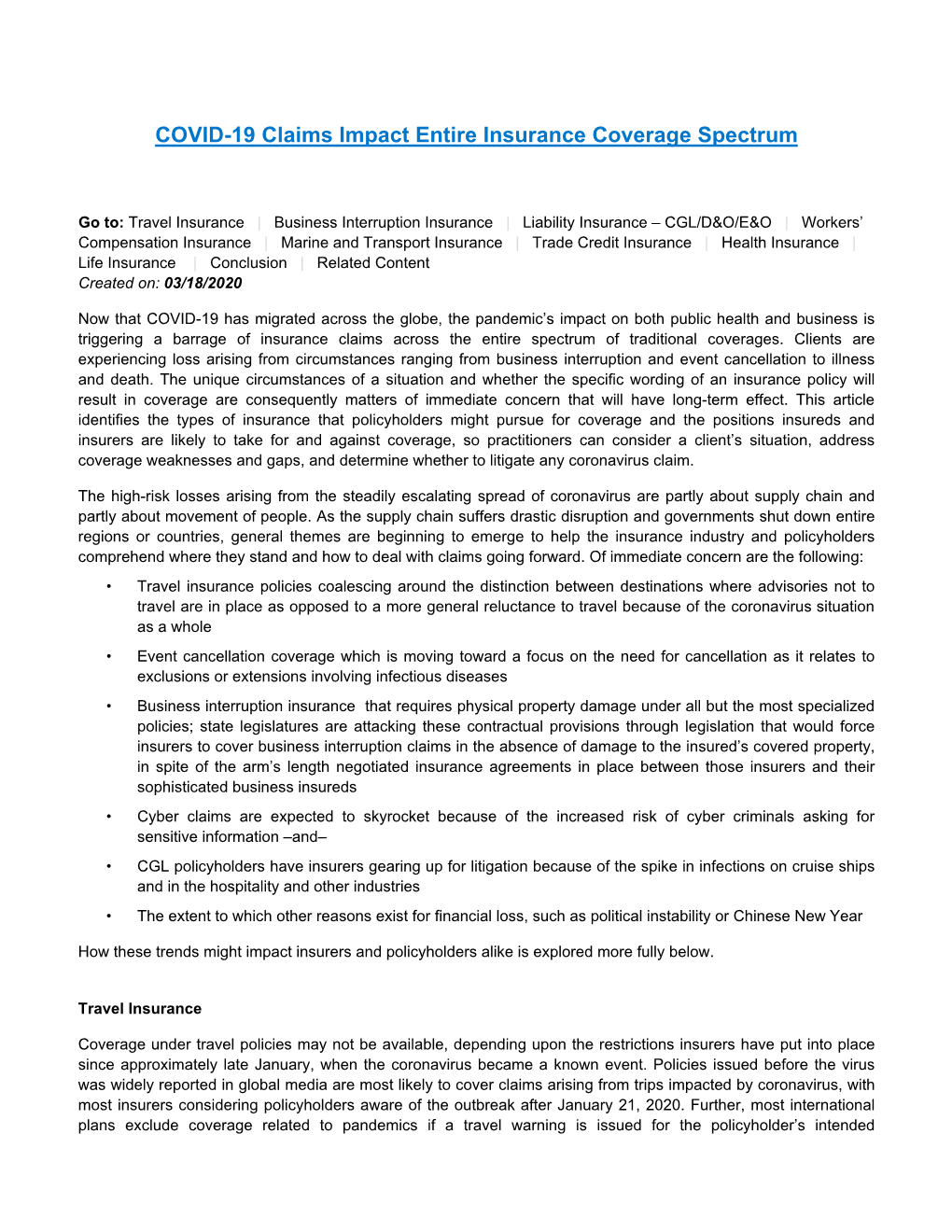 COVID-19 Claims Impact Entire Insurance Coverage Spectrum