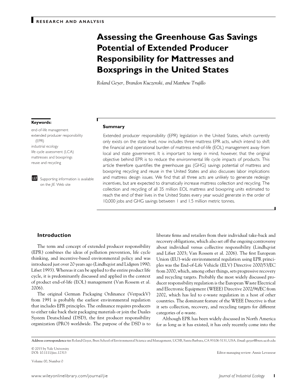 Assessing the Greenhouse Gas Savings Potential of Extended Producer Responsibility for Mattresses and Boxsprings in the United States