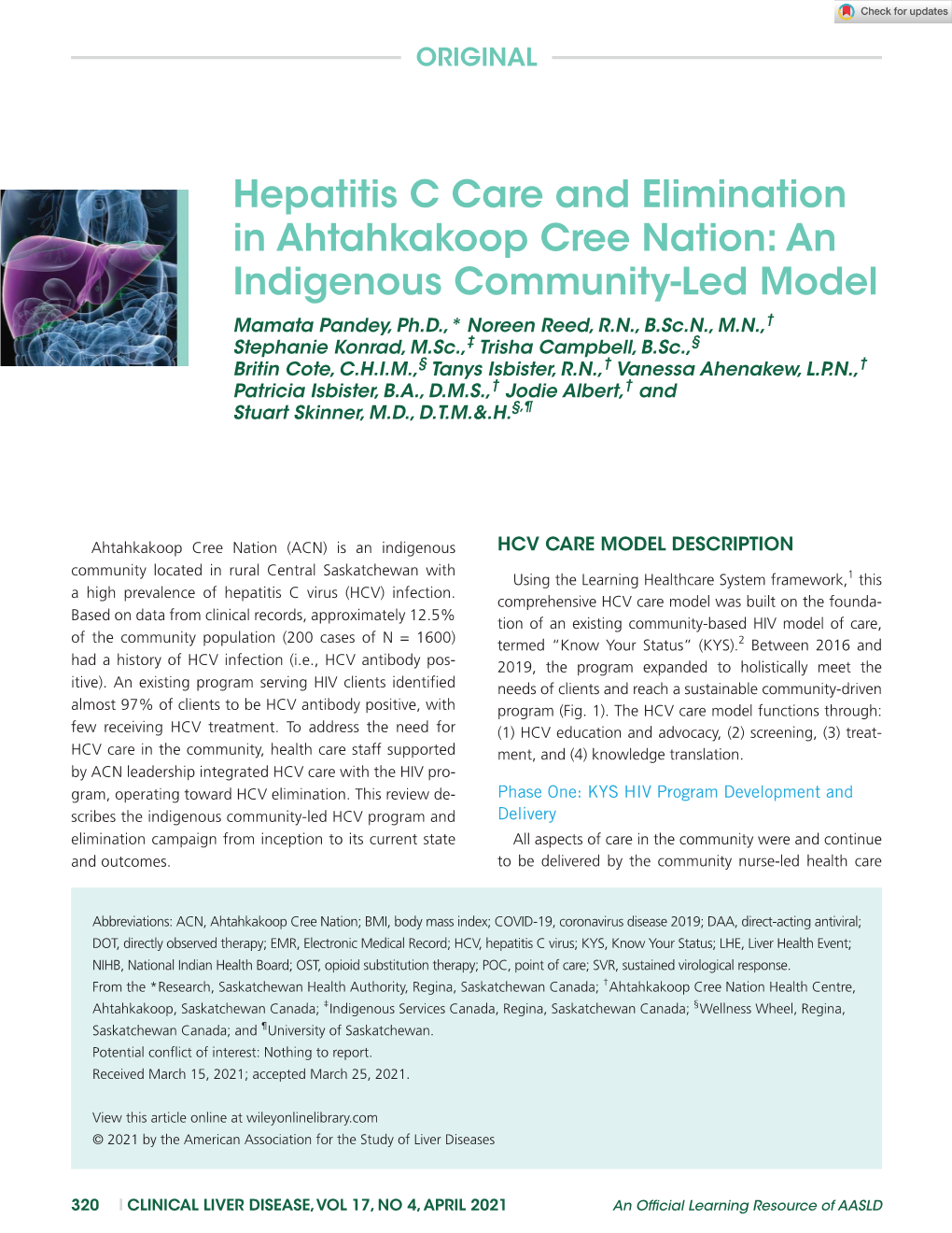 Hepatitis C Care and Elimination in Ahtahkakoop Cree Nation: An
