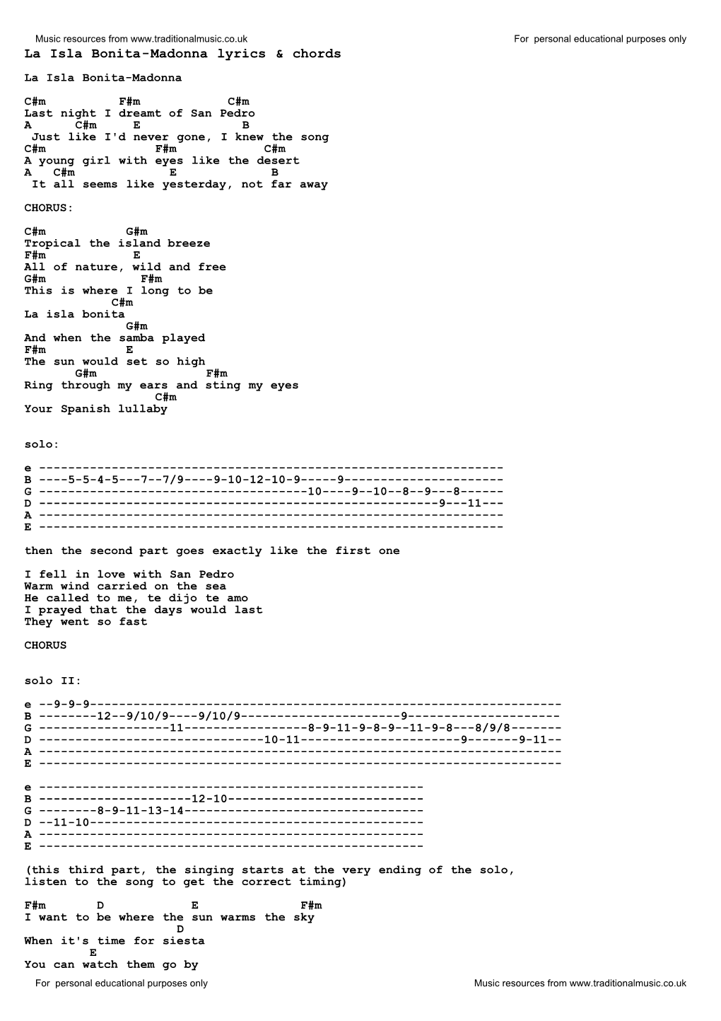 La Isla Bonita-Madonna Lyrics & Chords