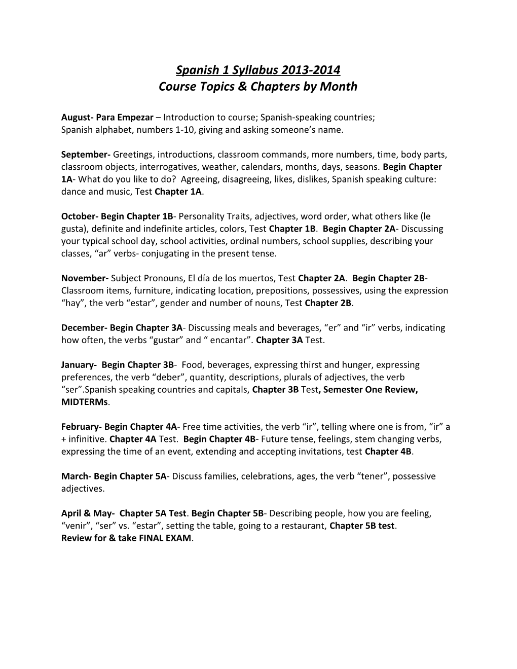 Course Topics & Chapters by Month