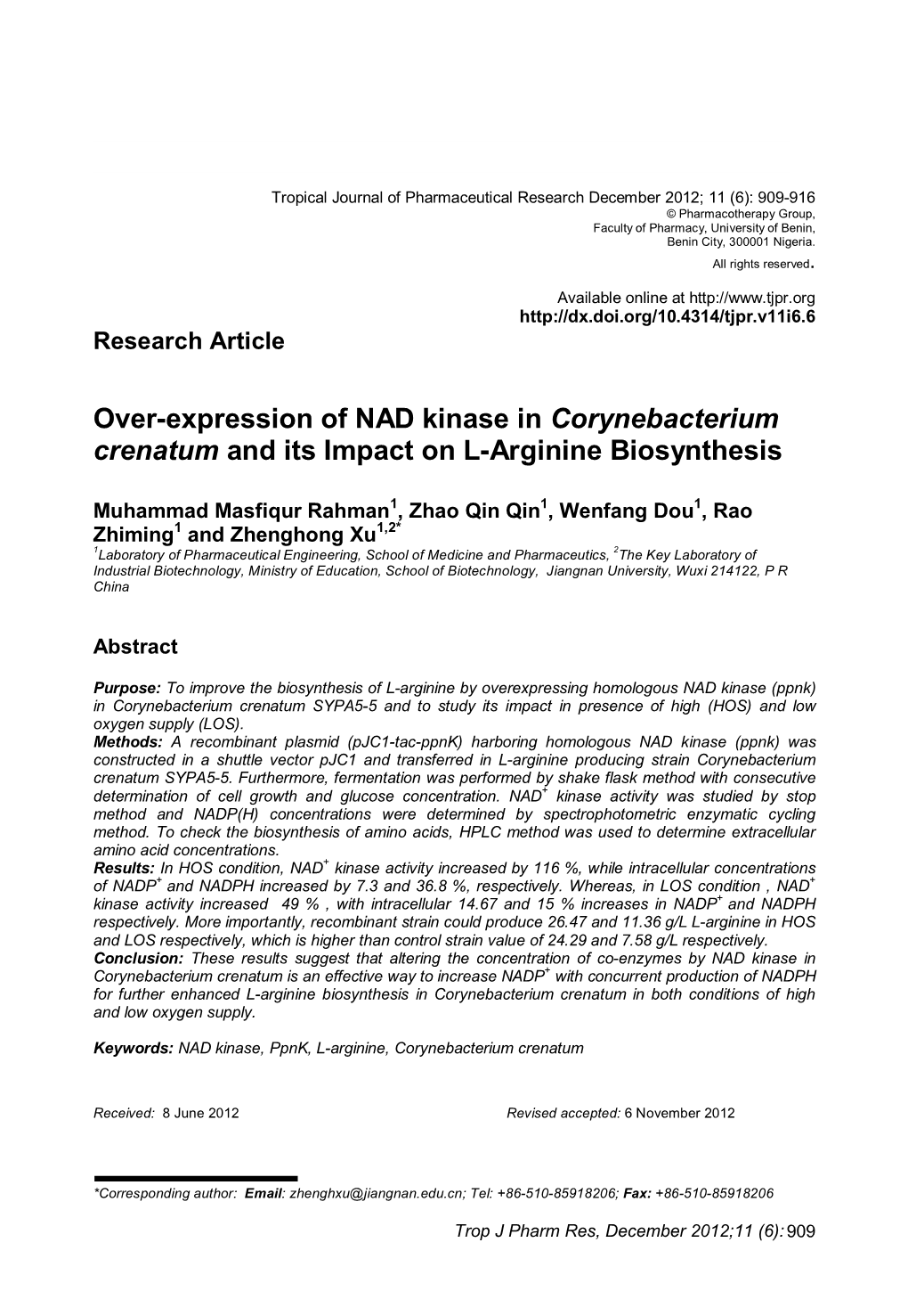 Over-Expression of NAD Kinase in Corynebacterium Crenatum and Its Impact on L-Arginine Biosynthesis