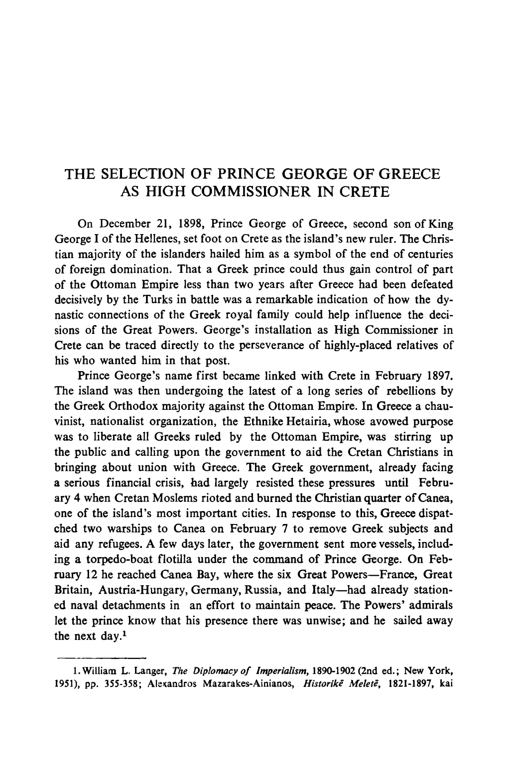 The Selection of Prince George of Greece As High Commissioner in Crete