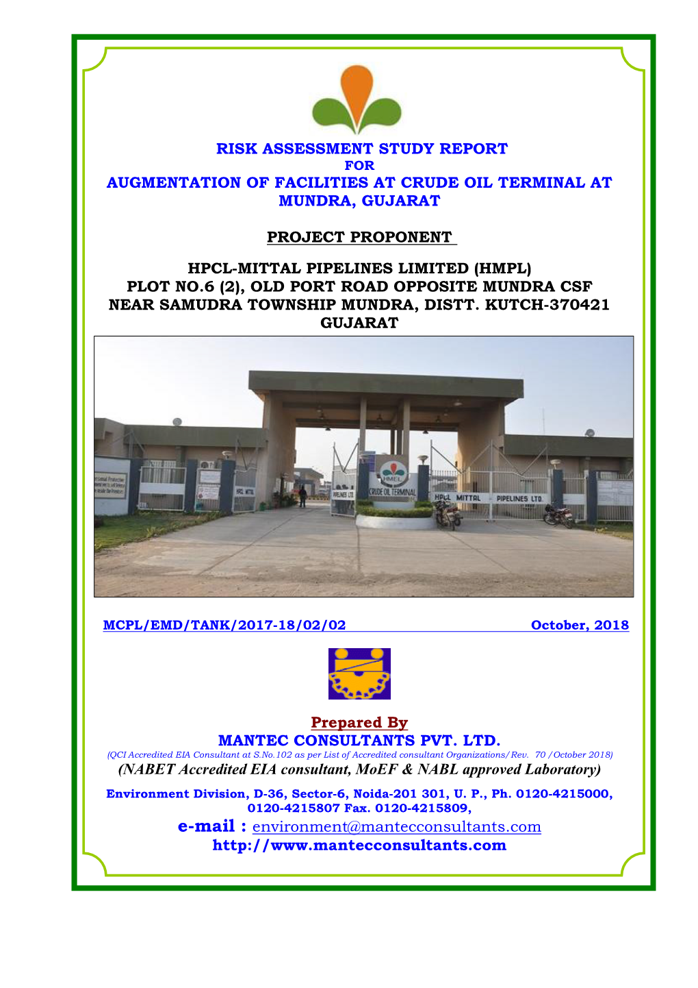 Risk Assessment Study Report for Augmentation of Facilities at Crude Oil Terminal at Mundra, Gujarat