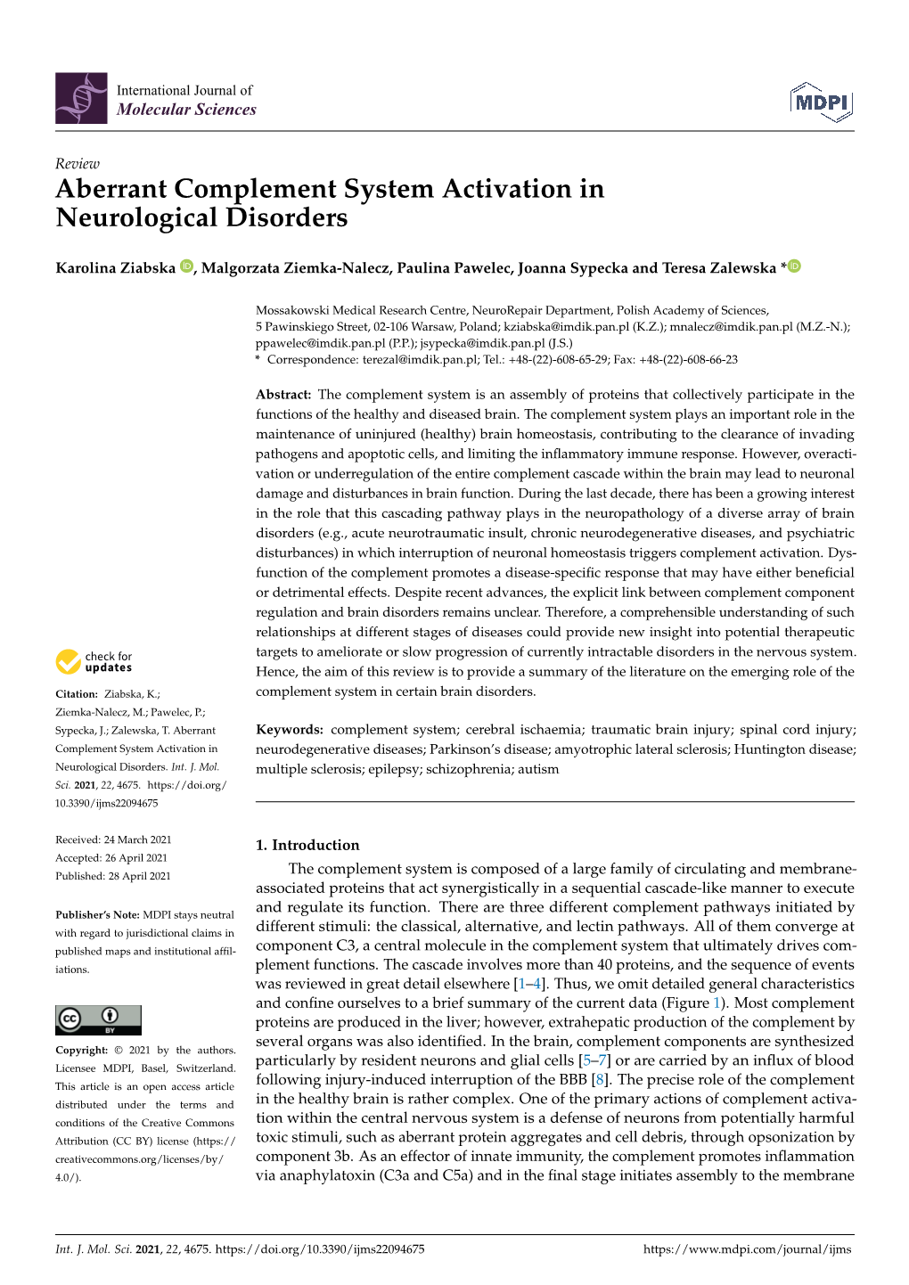 Aberrant Complement System Activation in Neurological Disorders