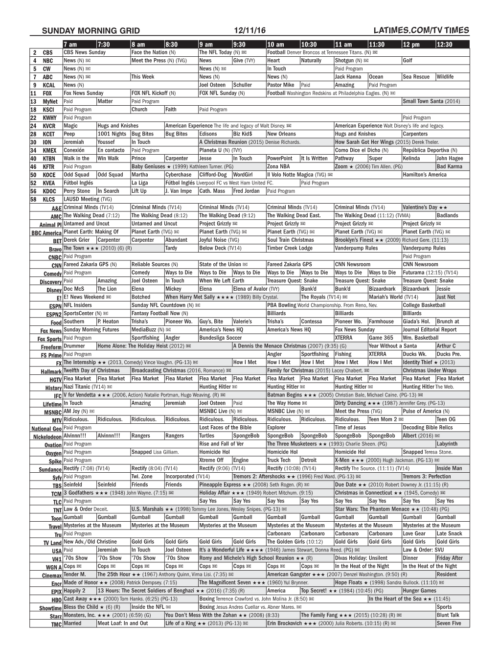 Sunday Morning Grid 12/11/16 Latimes.Com/Tv Times