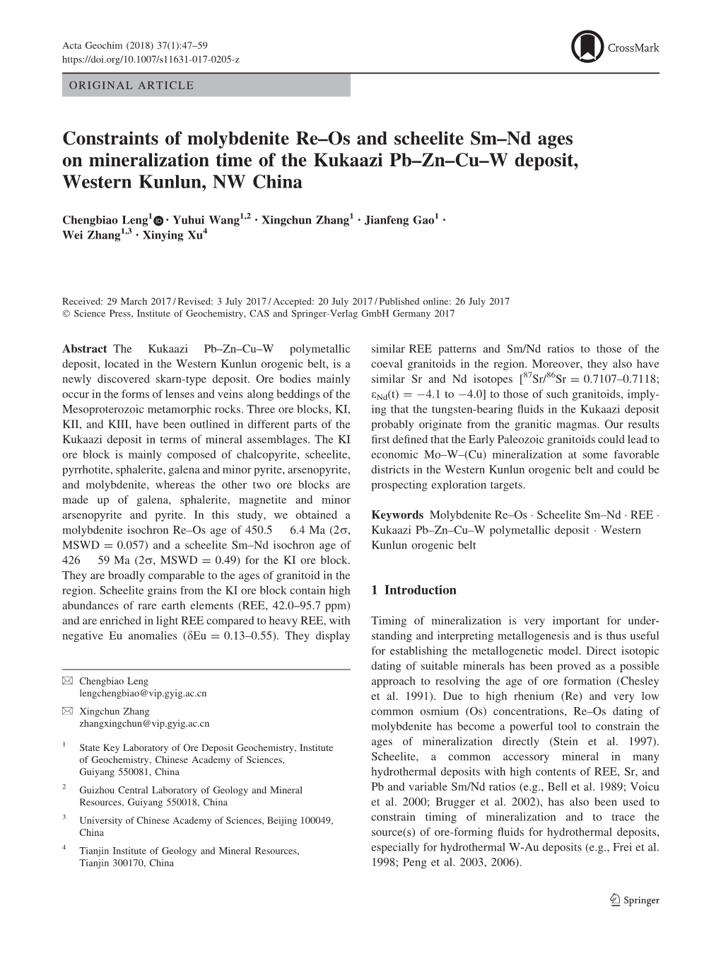 Constraints of Molybdenite Re–Os and Scheelite Sm–Nd Ages on Mineralization Time of the Kukaazi Pb–Zn–Cu–W Deposit, Western Kunlun, NW China