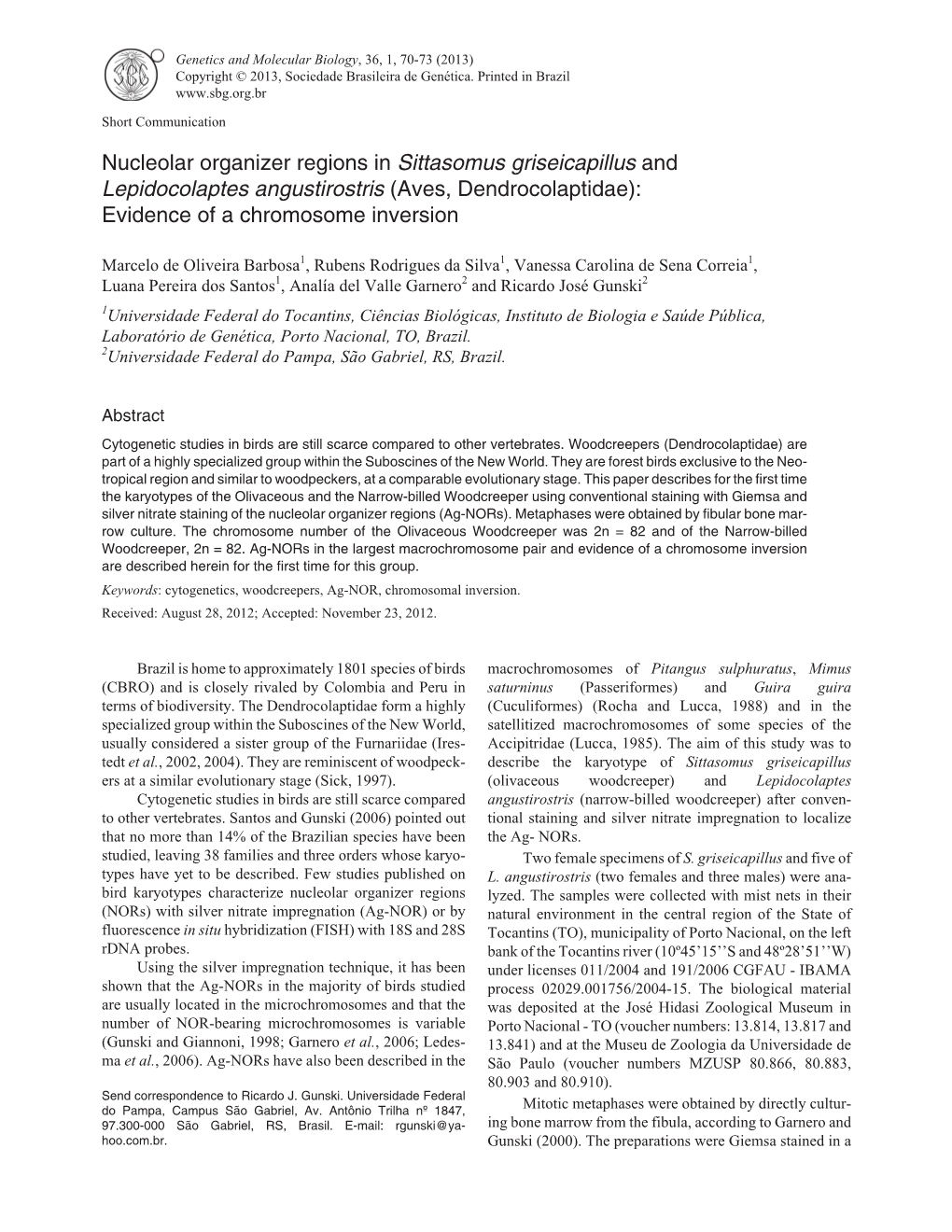 Lepidocolaptes Angustirostris (Aves, Dendrocolaptidae): Evidence of a Chromosome Inversion