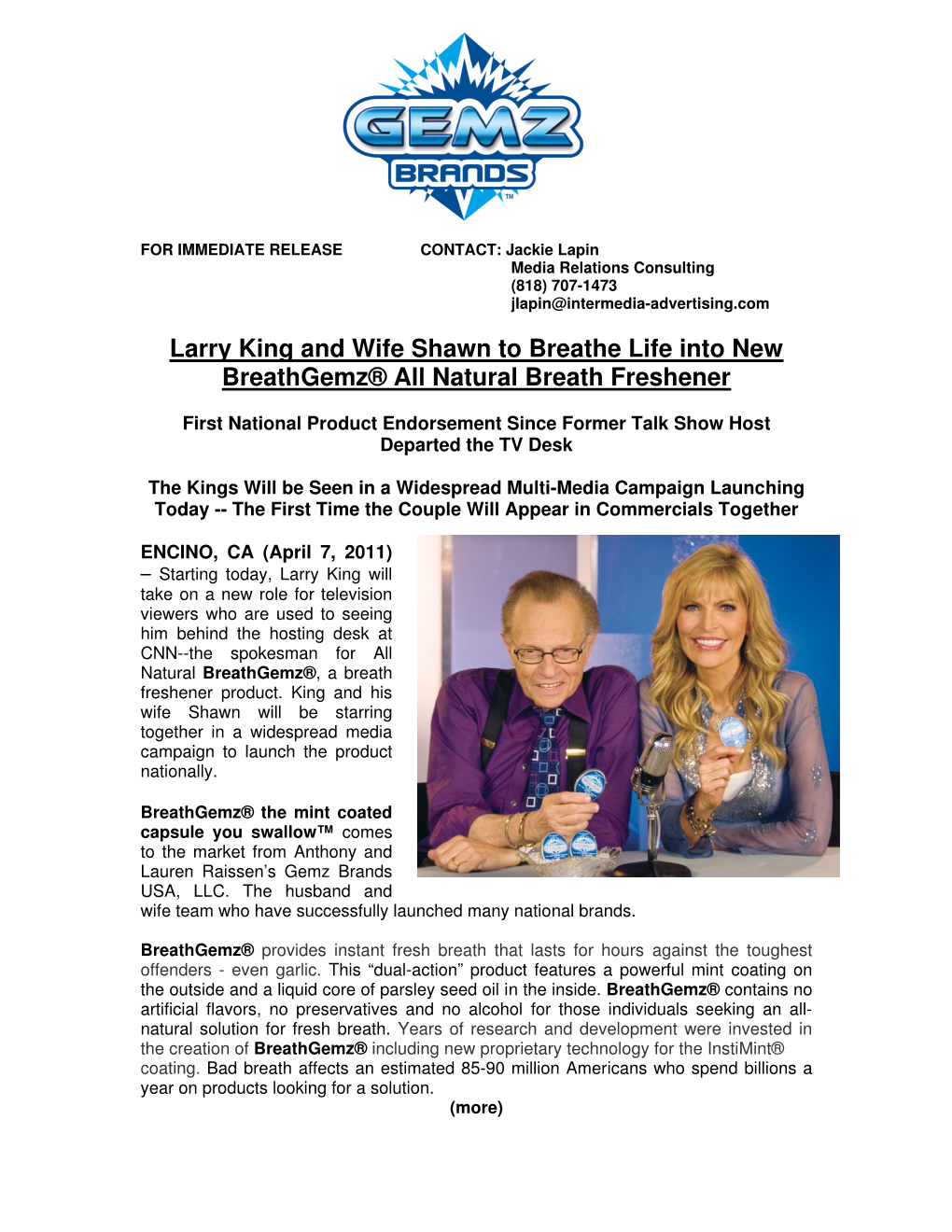 Larry King and Wife Shawn to Breathe Life Into New Breathgemz® All Natural Breath Freshener