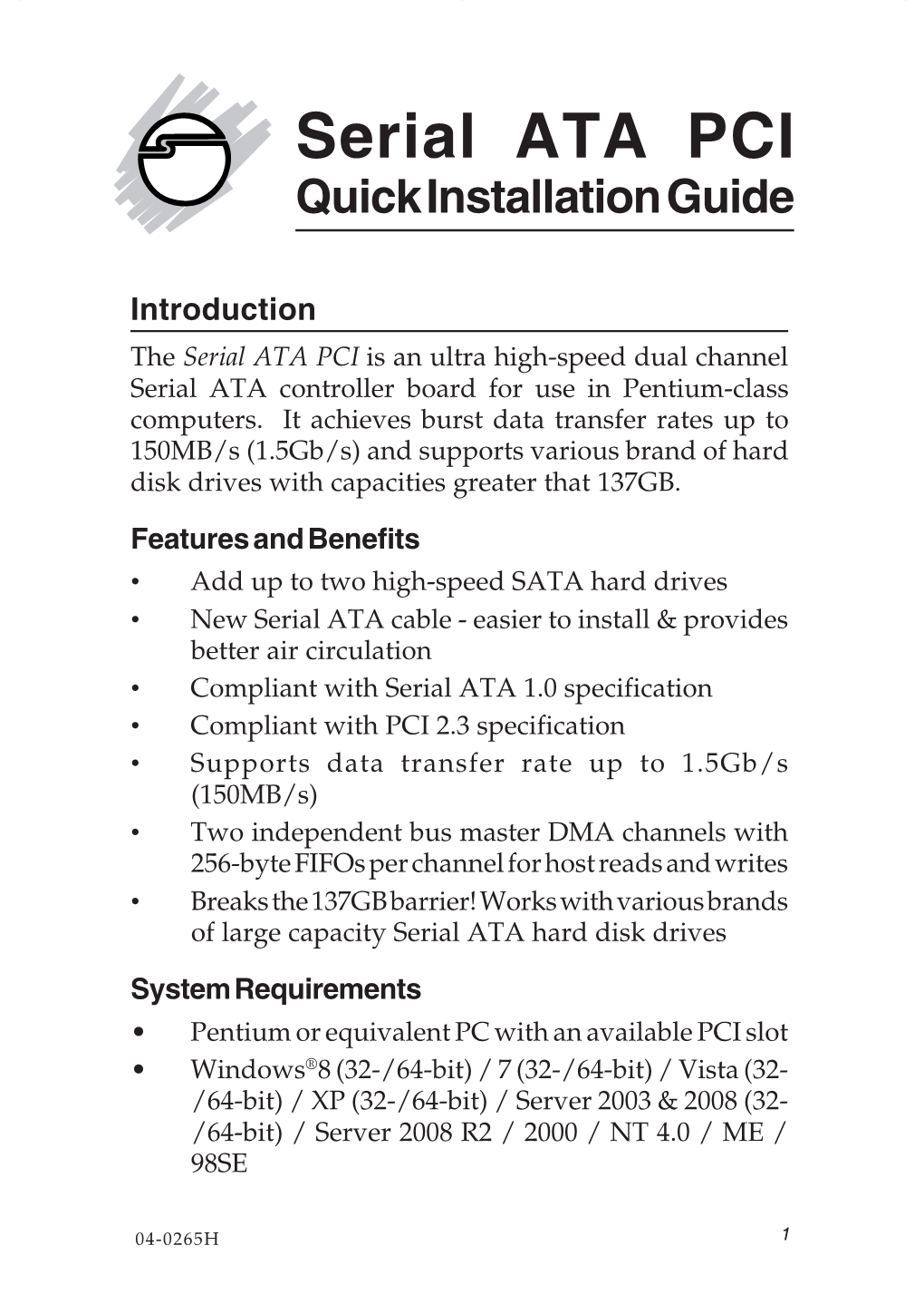 Serial ATA PCI Quick Installation Guide
