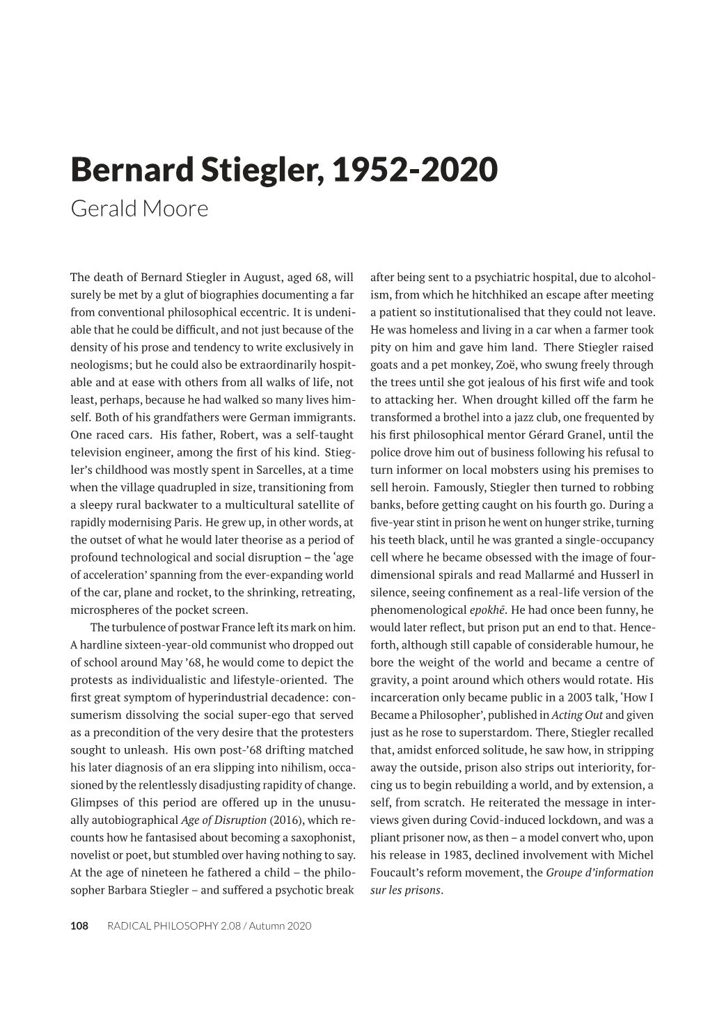 Bernard Stiegler, 1952-2020 Gerald Moore