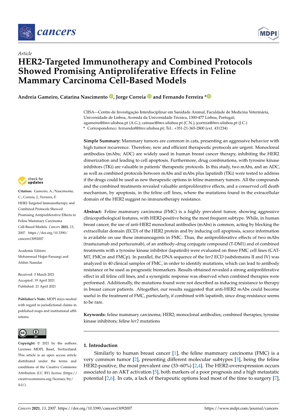 HER2-Targeted Immunotherapy and Combined Protocols Showed Promising Antiproliferative Effects in Feline Mammary Carcinoma Cell-Based Models