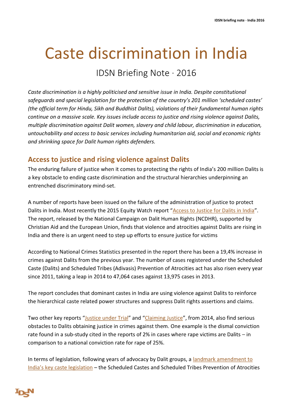Caste Discrimination in India IDSN Briefing Note · 2016