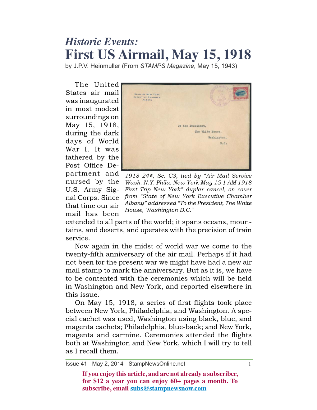 First US Airmail, May 15, 1918 by J.P.V