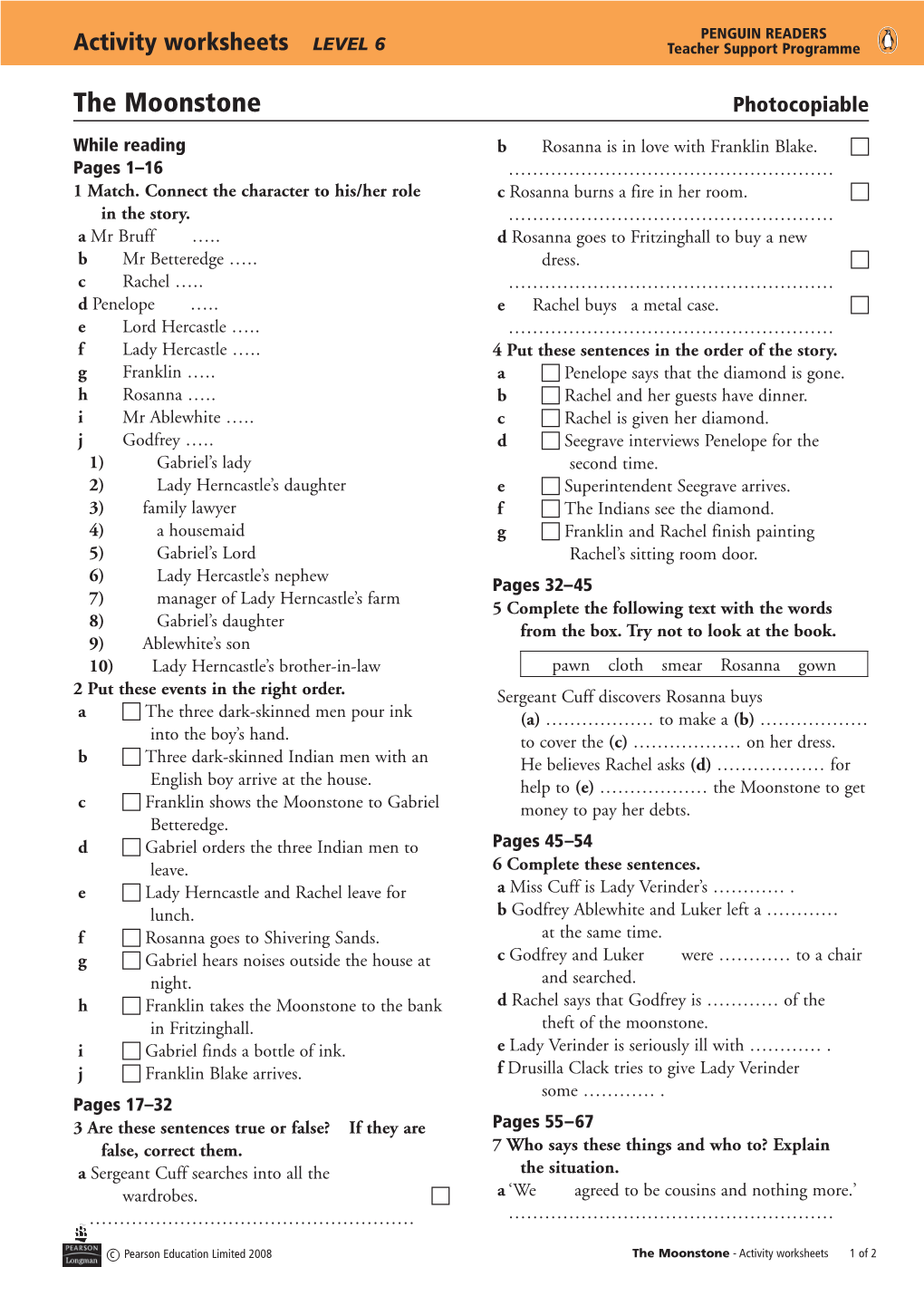 Activity Worksheets LEVEL 6 Teacher Support Programme