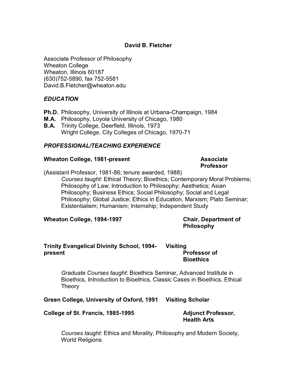 David B. Fletcher CV Wheaton College (IL)