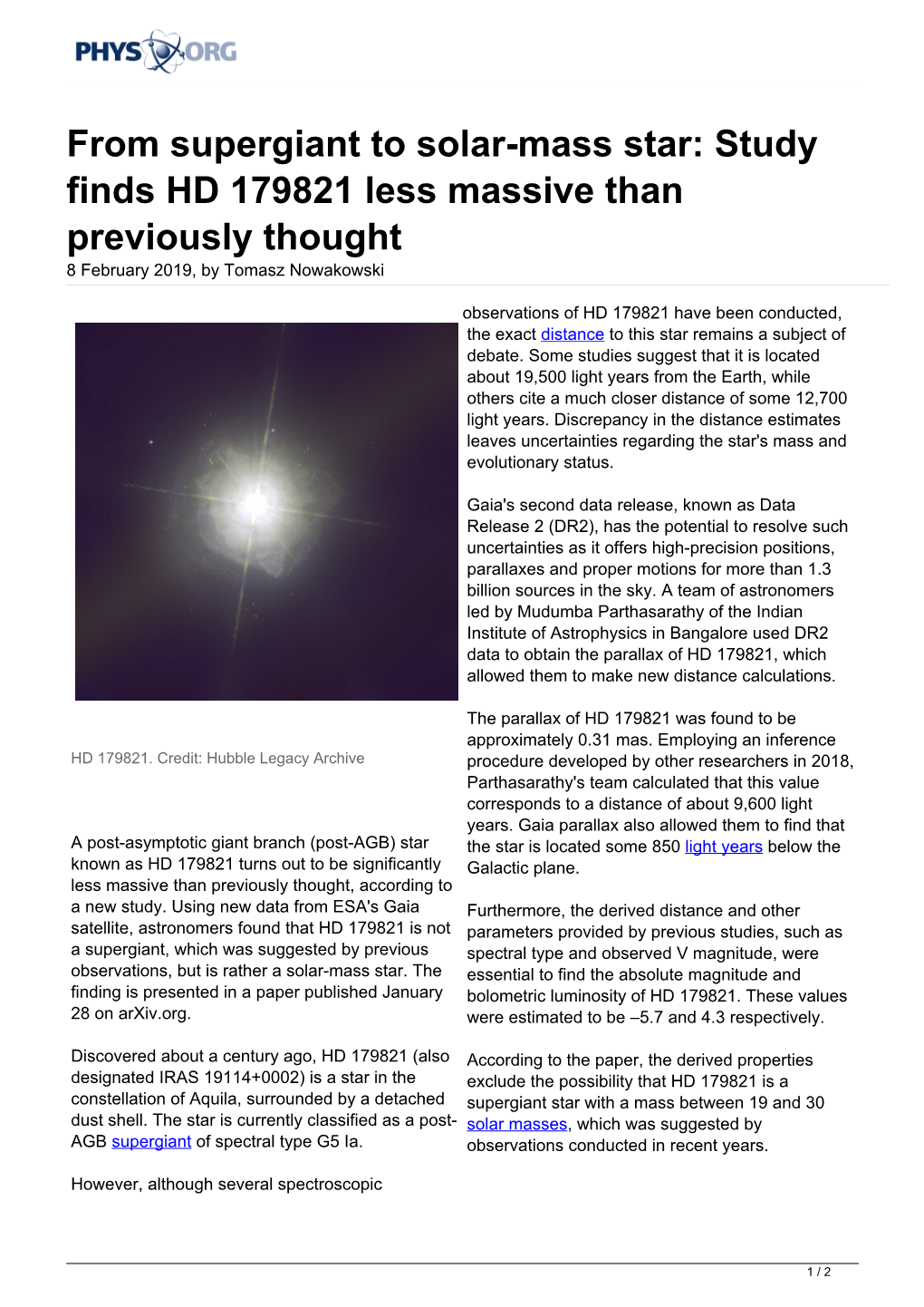 From Supergiant to Solar-Mass Star: Study Finds HD 179821 Less Massive Than Previously Thought 8 February 2019, by Tomasz Nowakowski