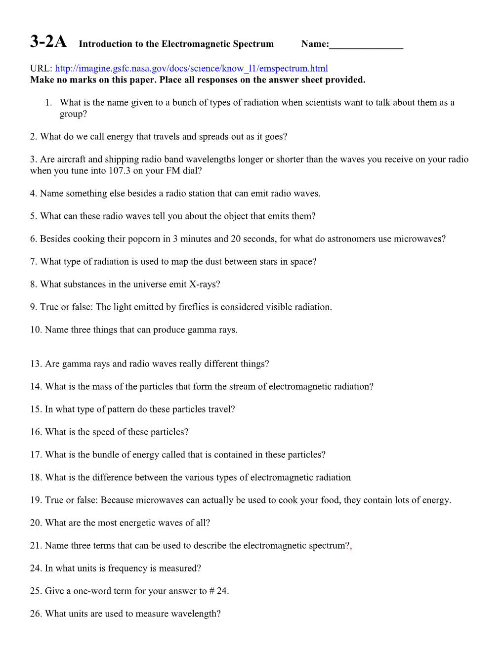 3-2A Introduction to the Electromagnetic Spectrum Name:______