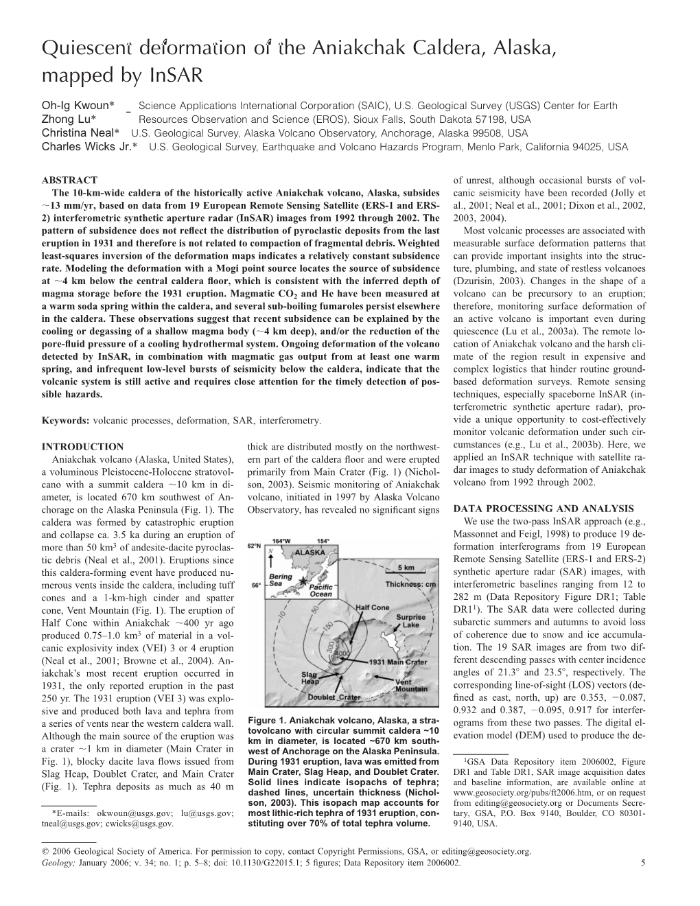 Quiescent Deformation of the Aniakchak Caldera, Alaska, Mapped by Insar