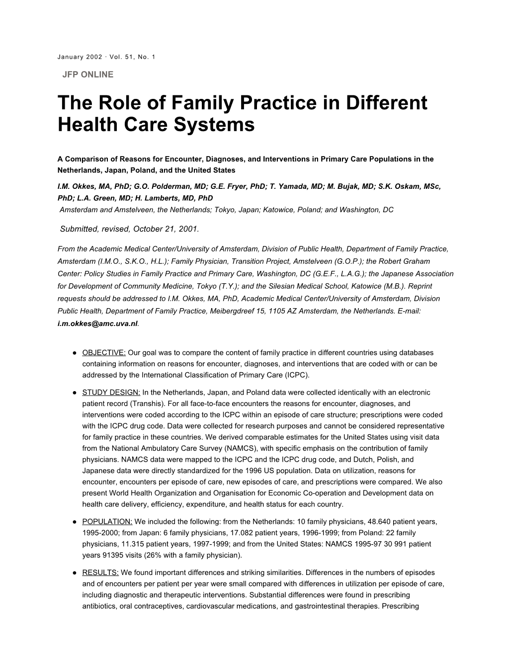 The Role of Family Practice in Different Health Care Systems
