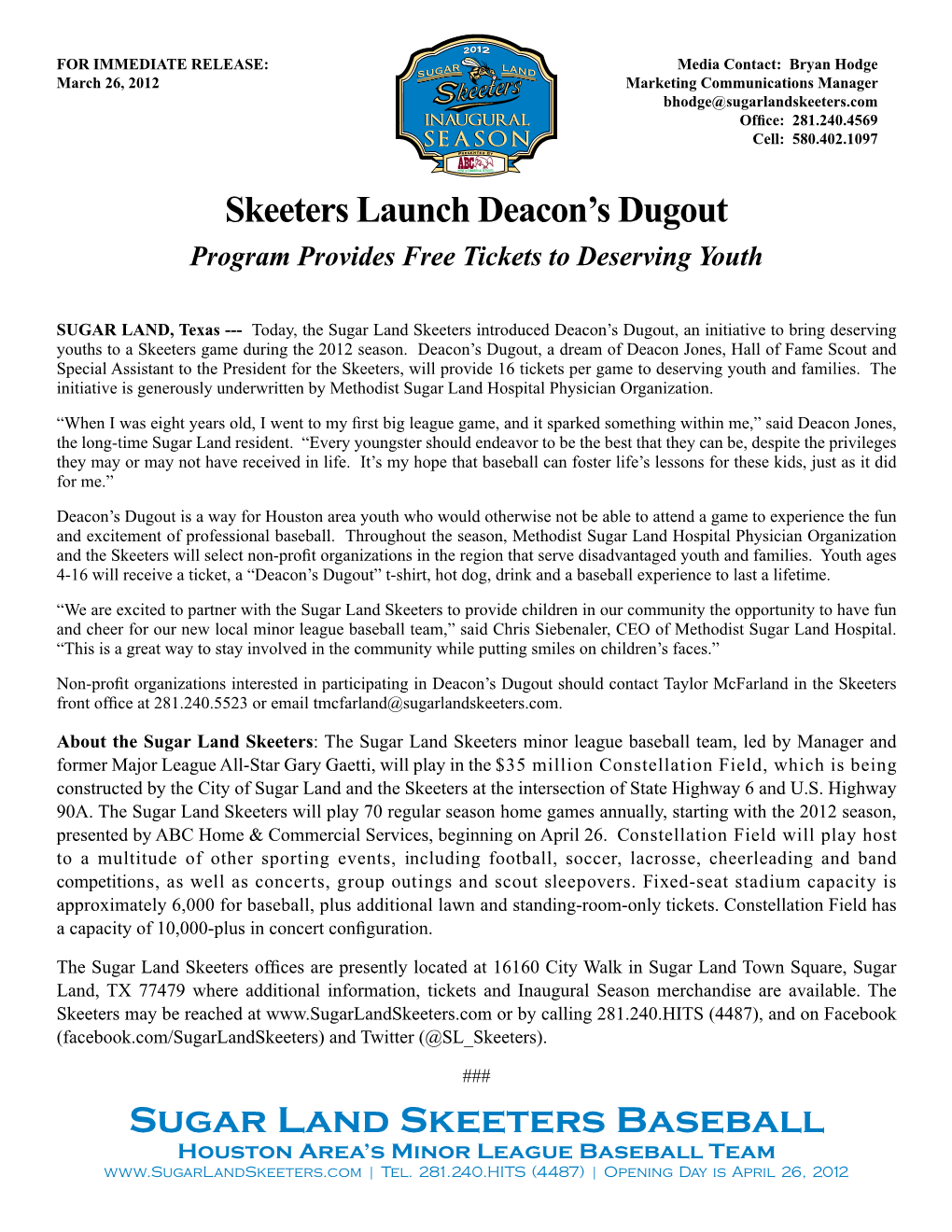Sugar Land Skeeters Baseball Skeeters Launch Deacon's Dugout
