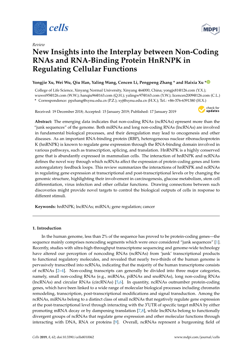 New Insights Into the Interplay Between Non-Coding Rnas and RNA-Binding Protein Hnrnpk in Regulating Cellular Functions