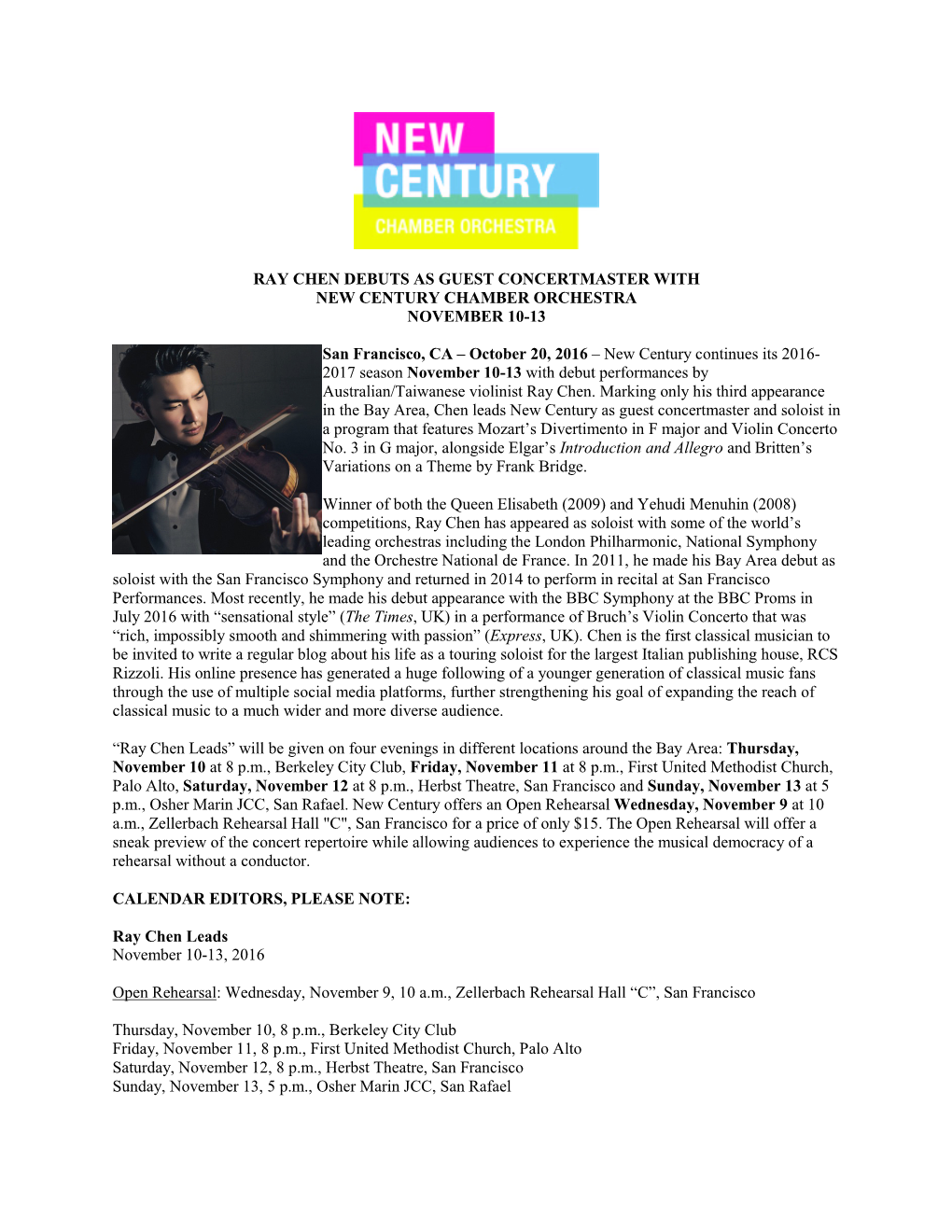 Ray Chen Debuts As Guest Concertmaster with New Century Chamber Orchestra November 10-13