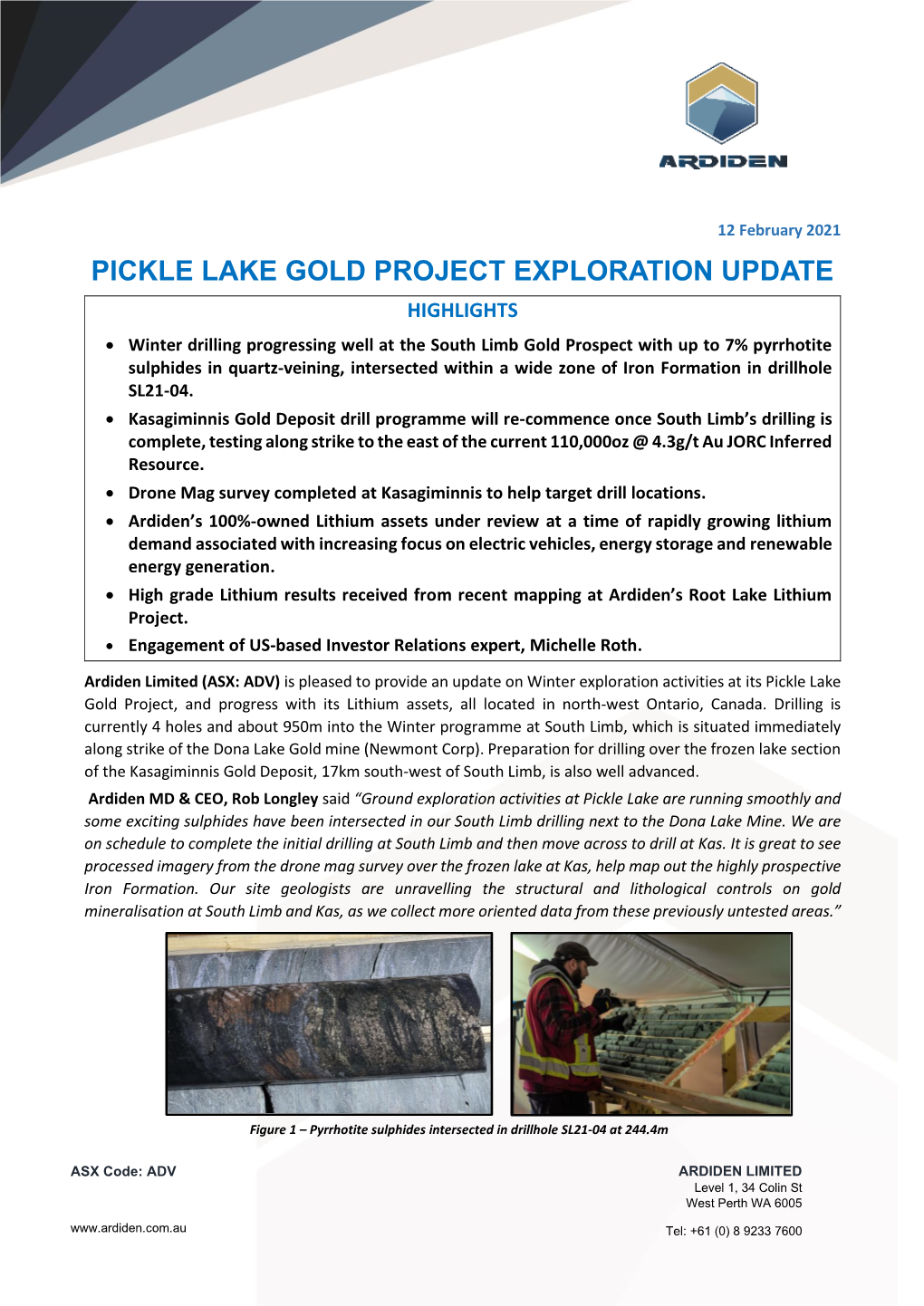 Pickle Lake Gold Project Exploration Update