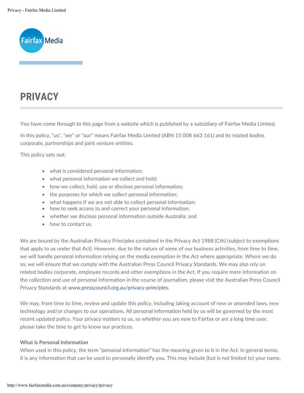 Privacy - Fairfax Media Limited