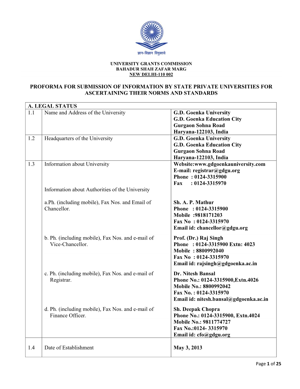 Proforma for Submission of Information by State Private Universities for Ascertaining Their Norms and Standards