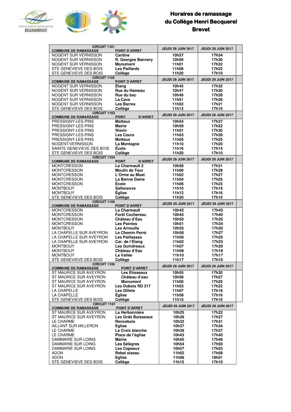 Horaires Circuits 2016-2017 Brevet