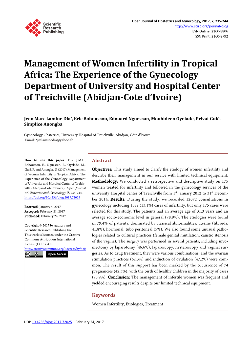 Management of Women Infertility in Tropical Africa: the Experience of the Gynecology Department of University and Hospital Center of Treichville (Abidjan-Cote D'ivoire)