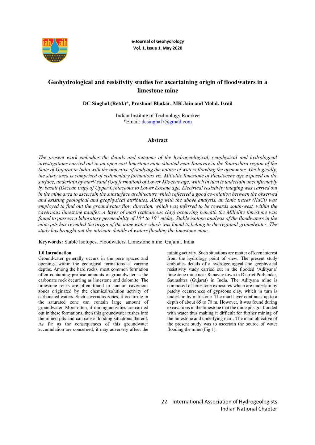 Geohydrological and Resistivity Studies for Ascertaining Origin of Floodwaters in a Limestone Mine