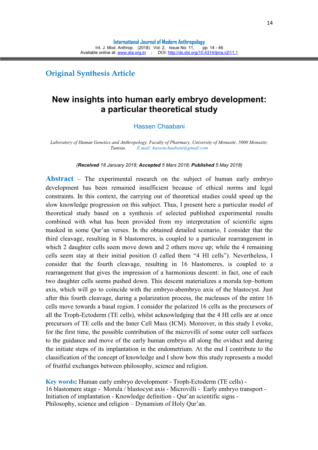 New Insights Into Human Early Embryo Development: a Particular Theoretical Study