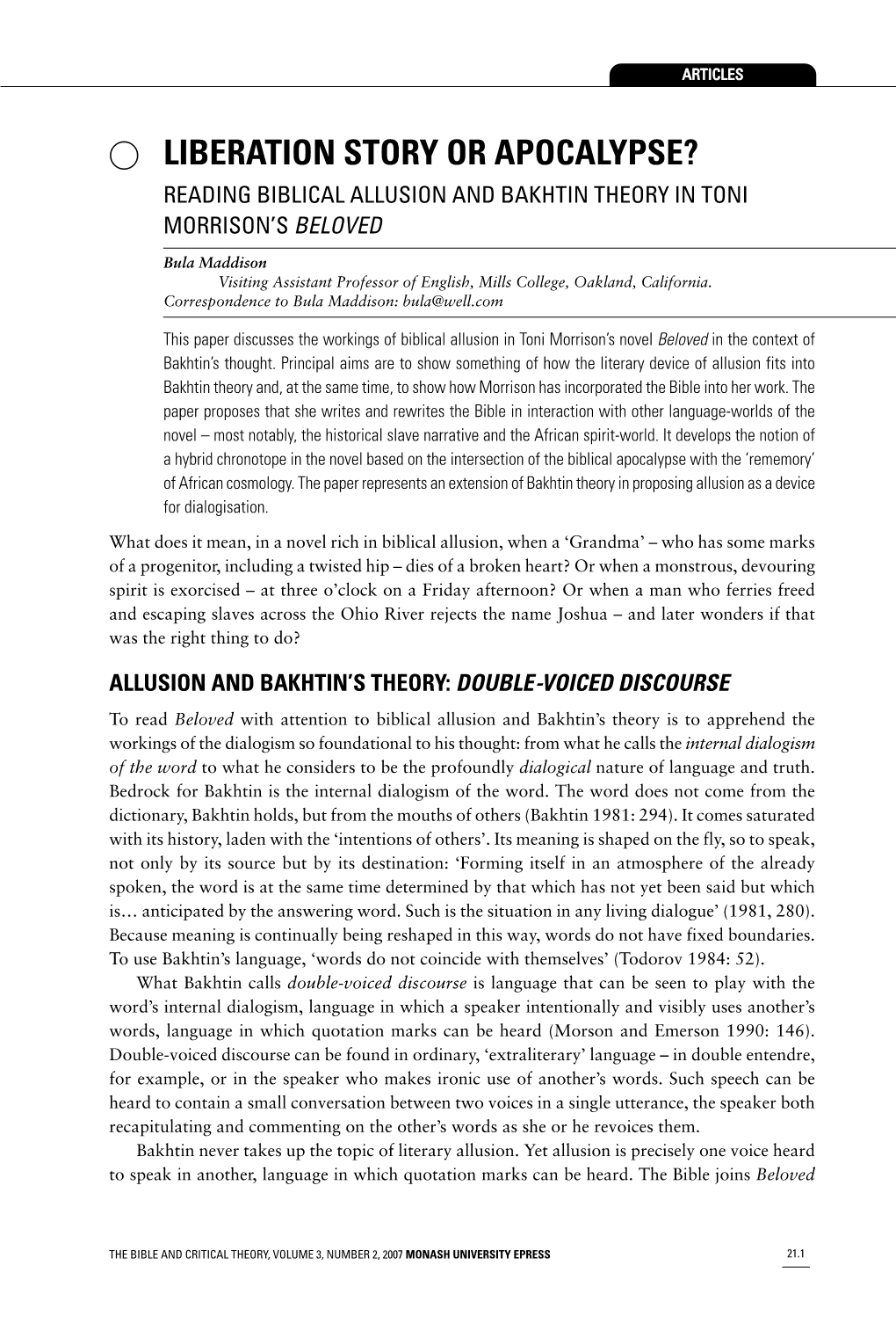 Liberation Story Or Apocalypse? Reading Biblical Allusion and Bakhtin Theory in Toni Morrison’S Beloved