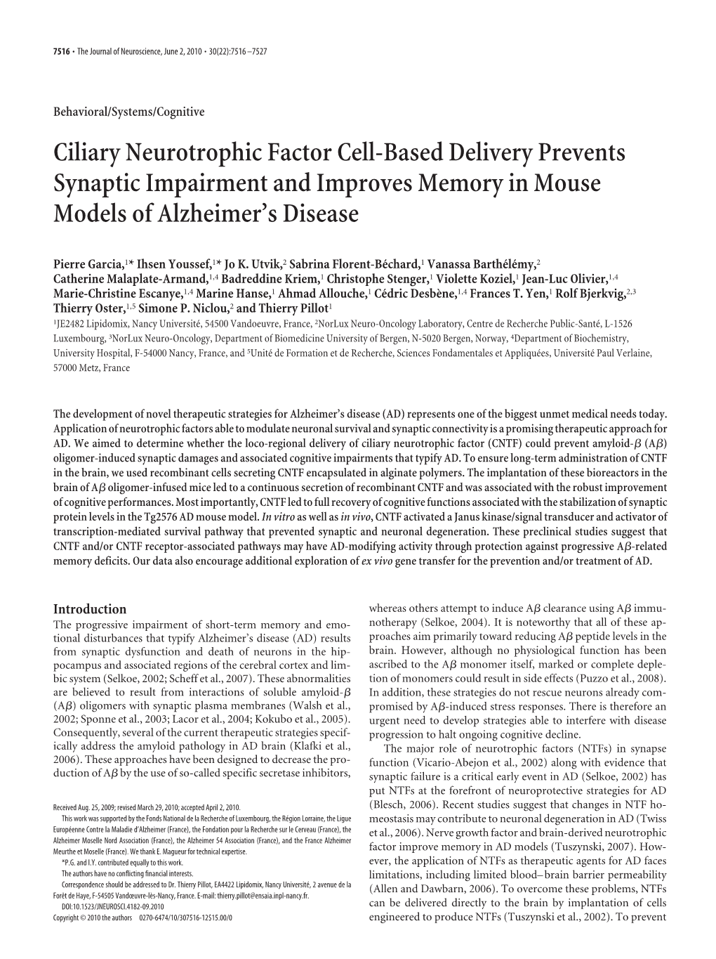 Ciliary Neurotrophic Factor Cell-Based Delivery Prevents Synaptic Impairment and Improves Memory in Mouse Models of Alzheimer’S Disease