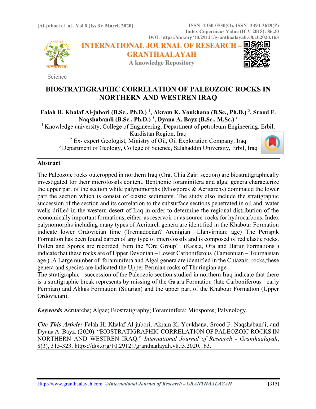 Biostratigraphic Correlation of Paleozoic Rocks in Northern and Westren Iraq