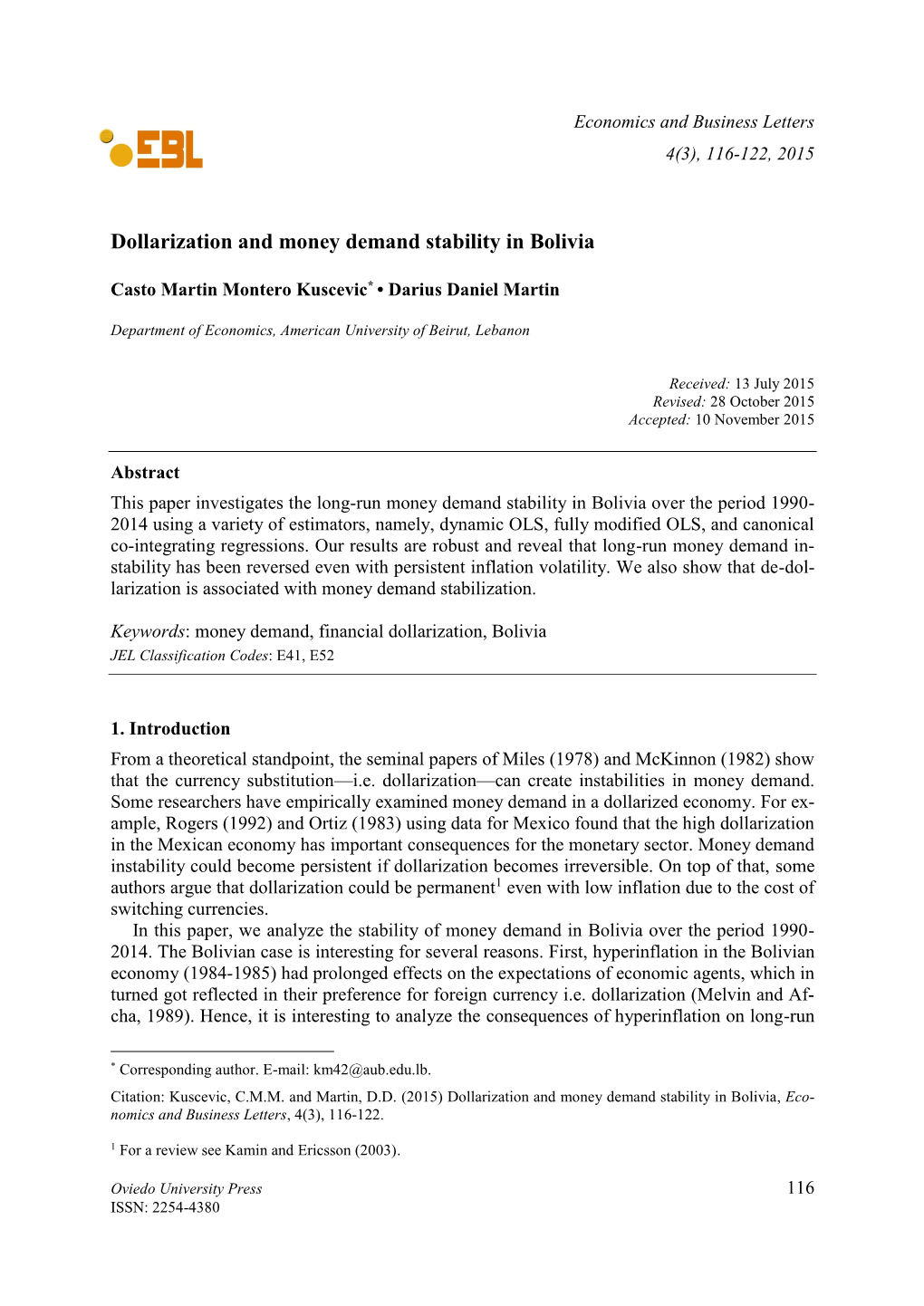 Dollarization and Money Demand Stability in Bolivia
