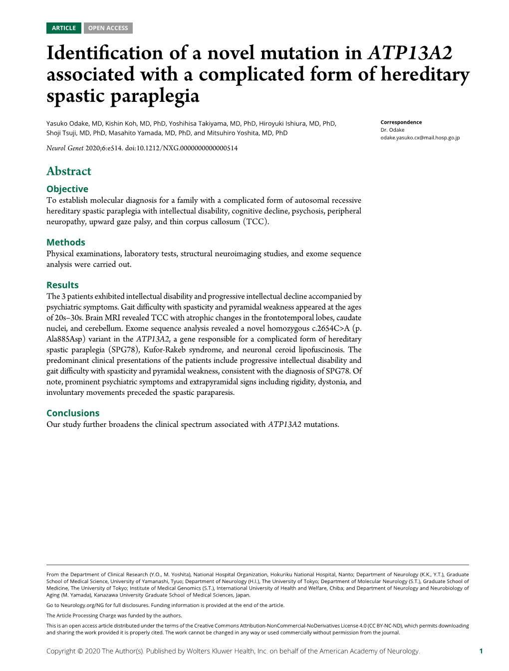 ATP13A2 Associated with a Complicated Form of Hereditary Spastic Paraplegia