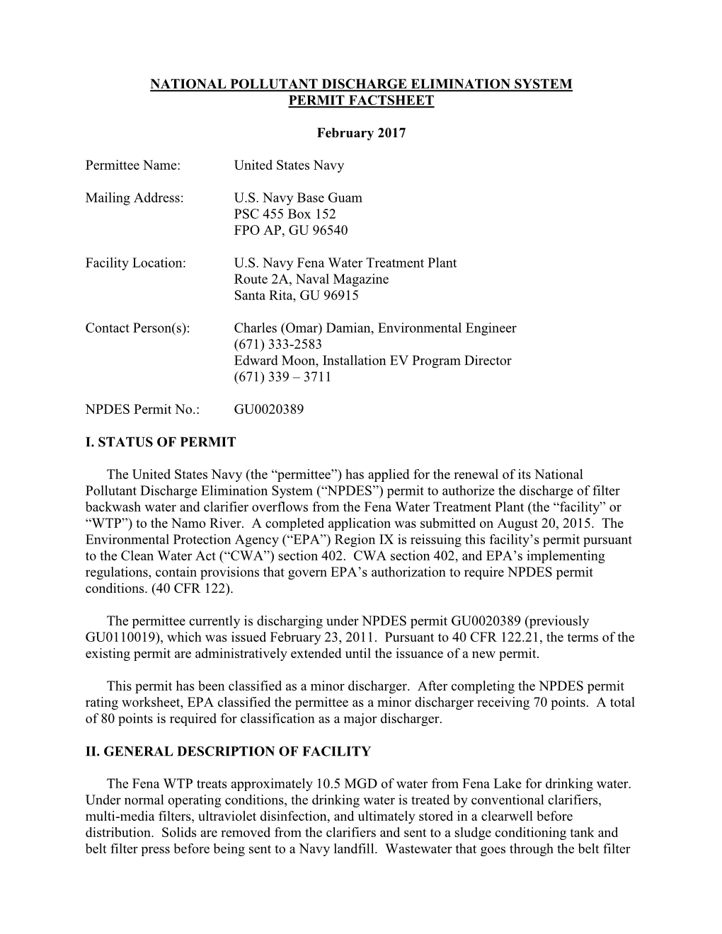 NPDES Permit No. GU0020389 Factsheet Page 2 of 22 Press Is Recycled to the Headworks and Reprocessed