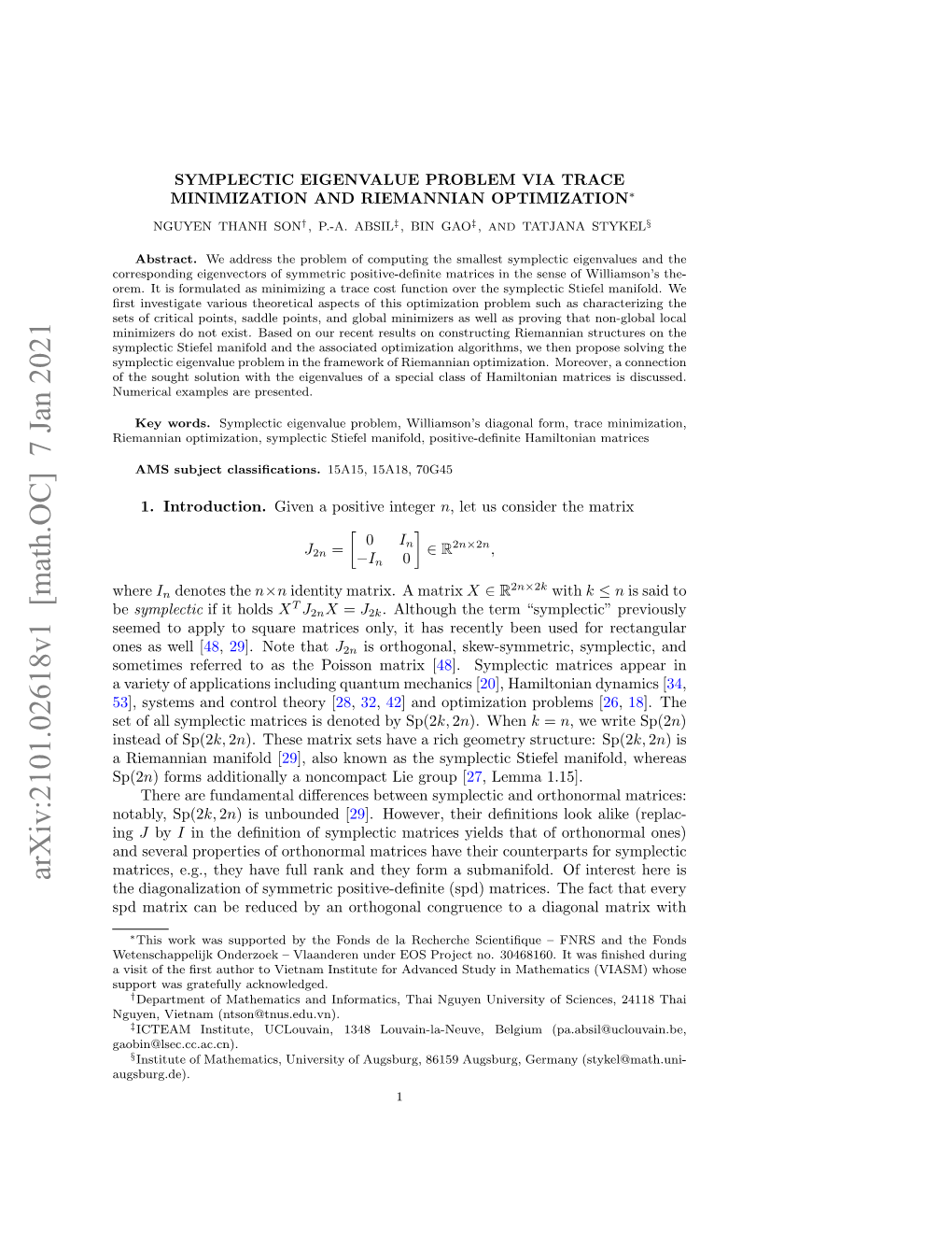 Arxiv:2101.02618V1 [Math.OC] 7 Jan 2021 the Diagonalization of Symmetric Positive-Deﬁnite (Spd) Matrices