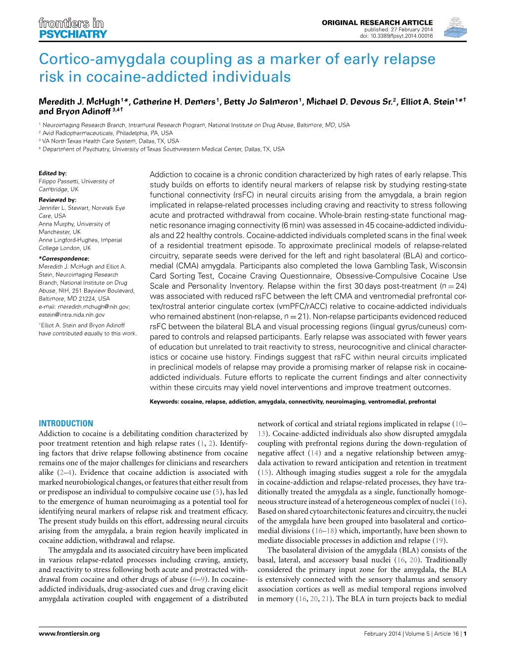 Cortico-Amygdala Coupling As a Marker of Early Relapse Risk in Cocaine-Addicted Individuals