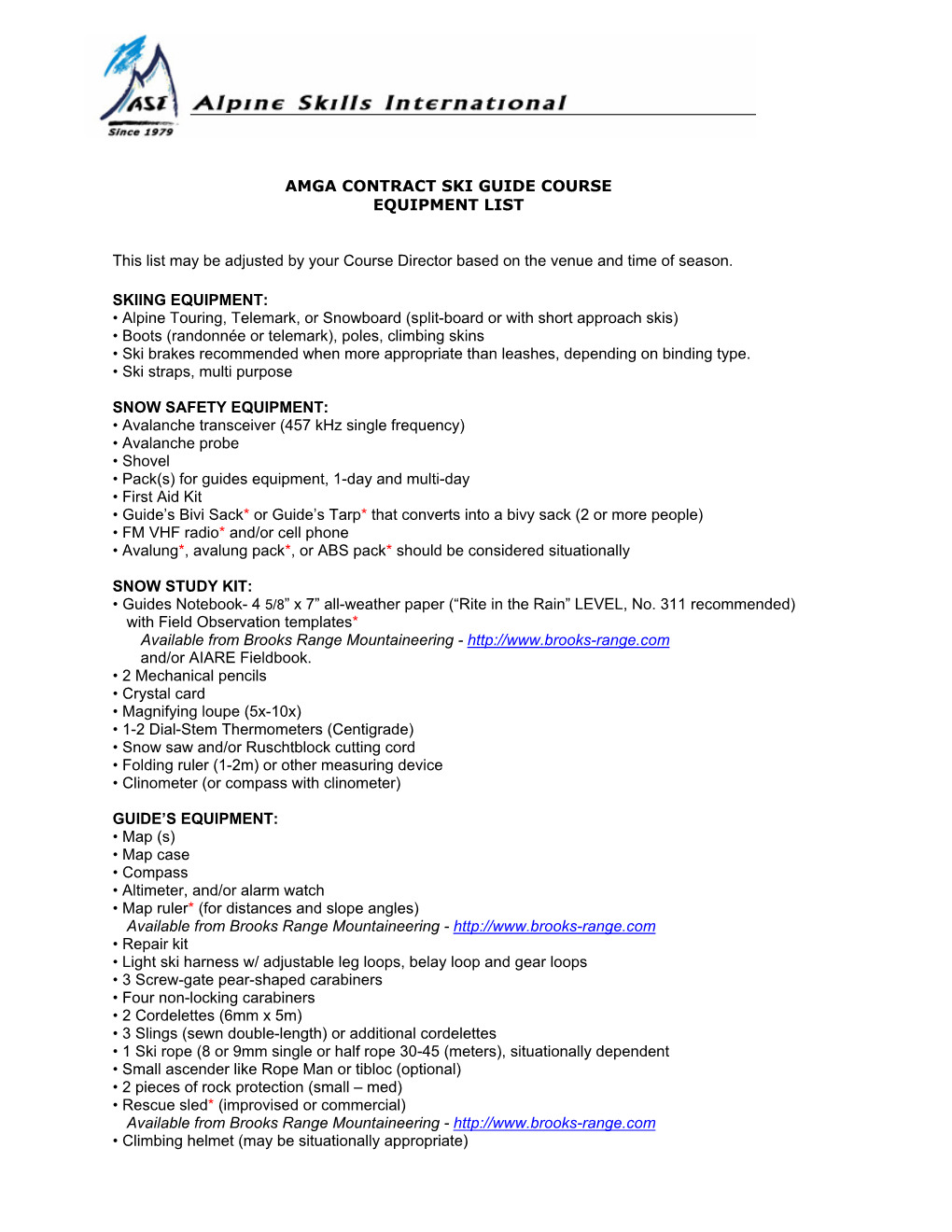 Amga Contract Ski Guide Course Equipment List