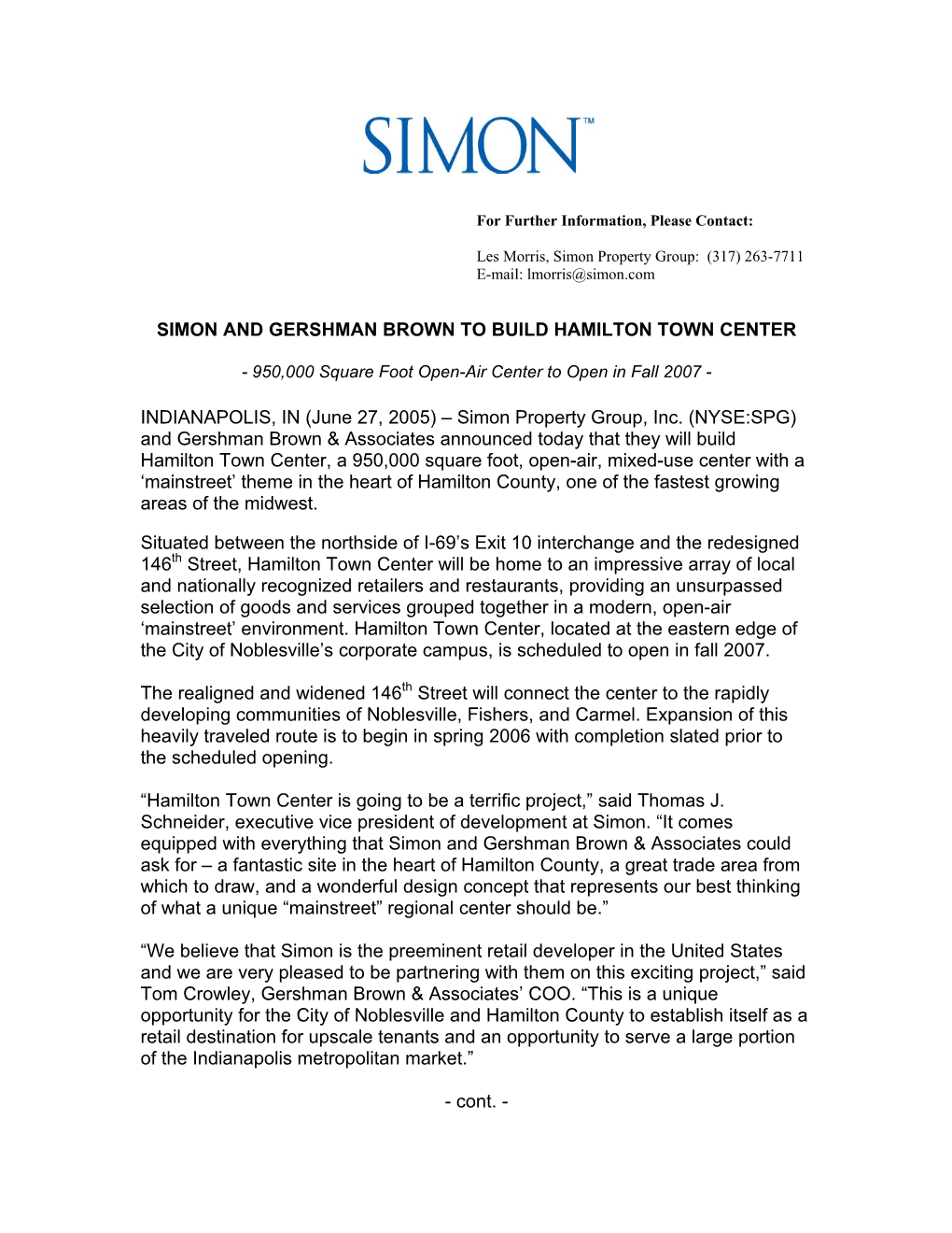 Simon and Gershman Brown to Build Hamilton Town Center