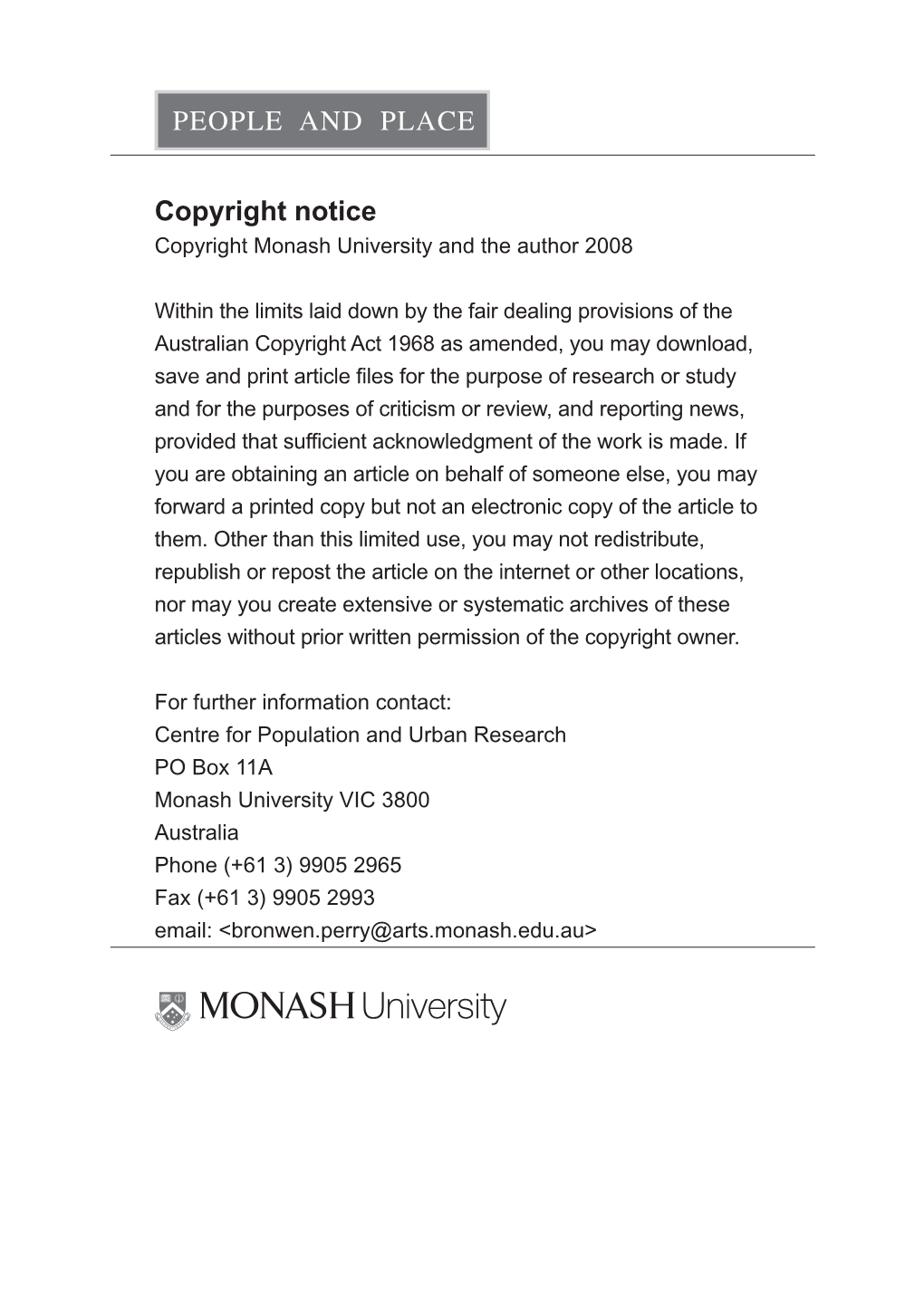 Copyright Notice Copyright Monash University and the Author 2008