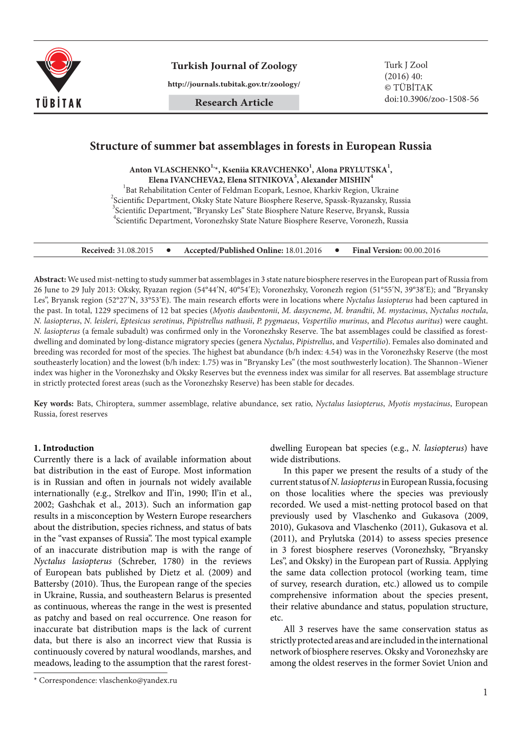 Structure of Summer Bat Assemblages in Forests in European Russia