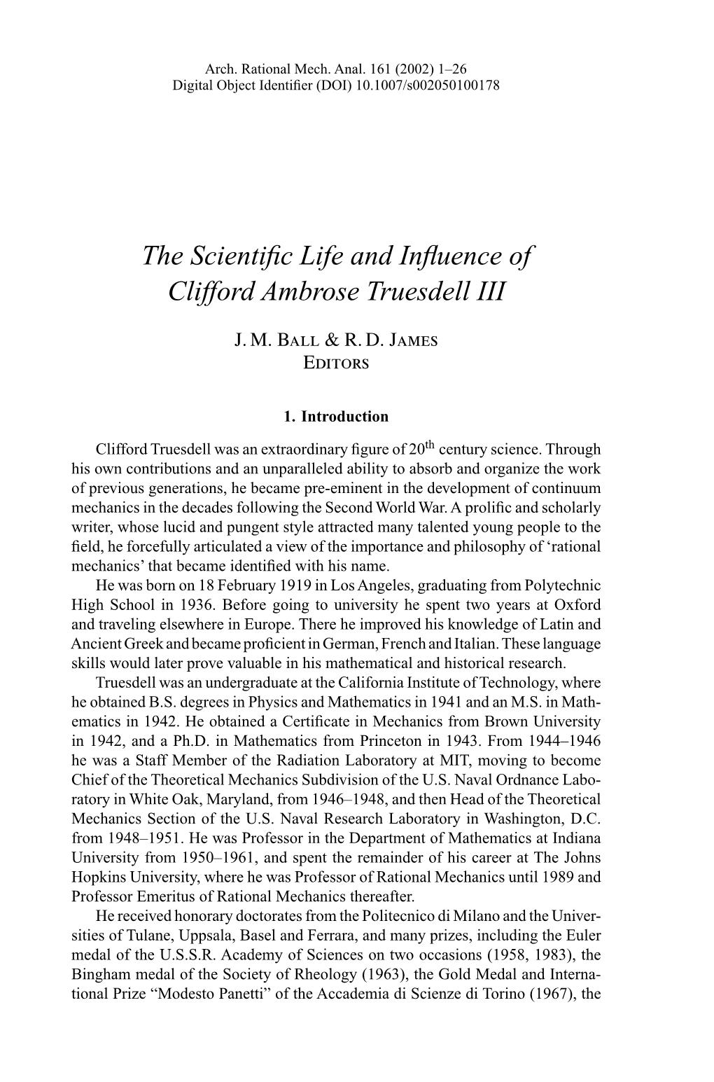 The Scientific Life and Influence of Clifford Ambrose Truesdell