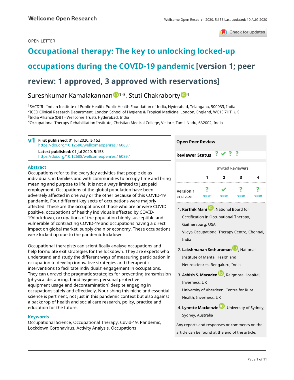 Occupational Therapy: the Key to Unlocking Locked-Up Occupations During the COVID-19 Pandemic [Version 1; Peer Review: 1 Approved, 3 Approved with Reservations]